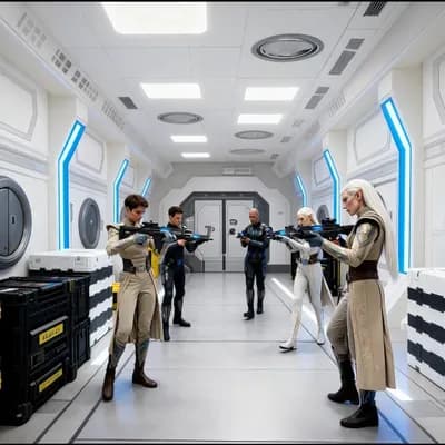 AI generated video: Cinematic Sci-Fi scene. The characters look over and inspect their weapons in the storeroom.  

No w...