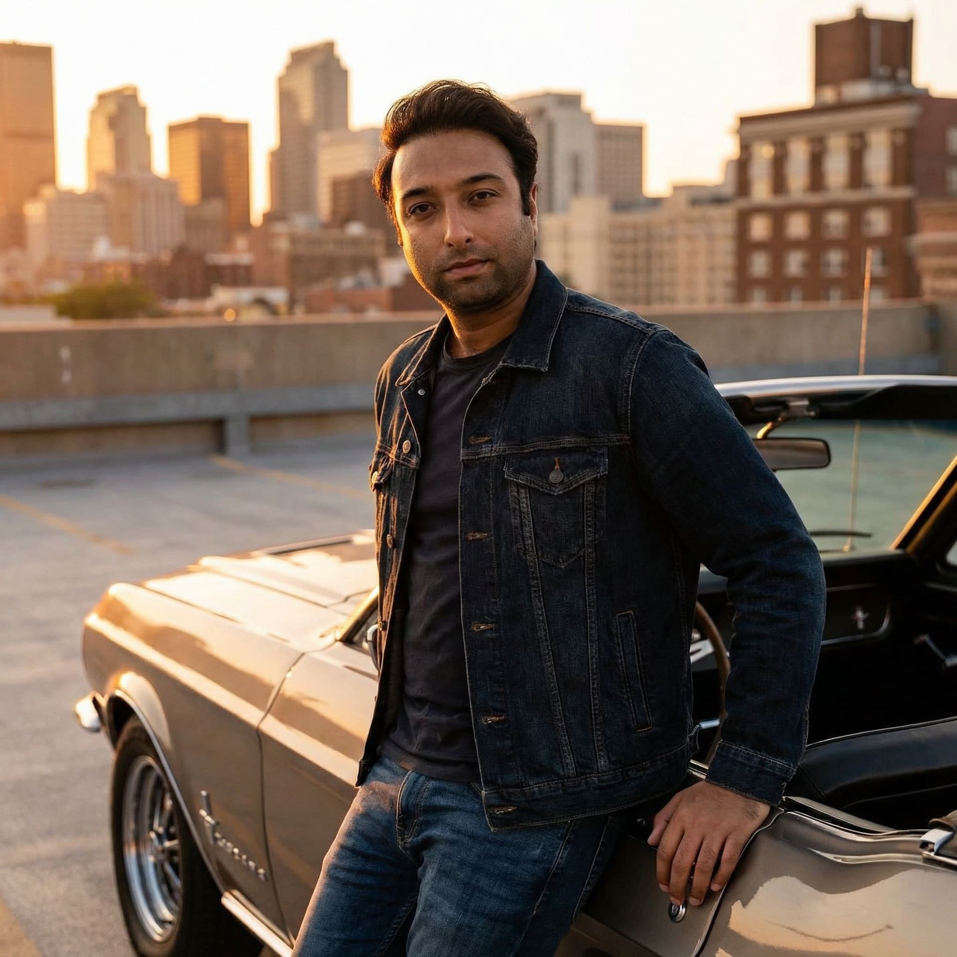 AI generated: Pop singer leaning against vintage car on city rooftop at sunset. Casual-cool outfit, relaxed yet co...