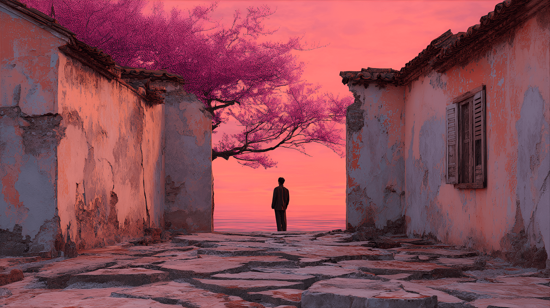 AI generated: The foreground is dominated by cracked, weathered stone tiles, suggesting an abandoned or ancient pl...