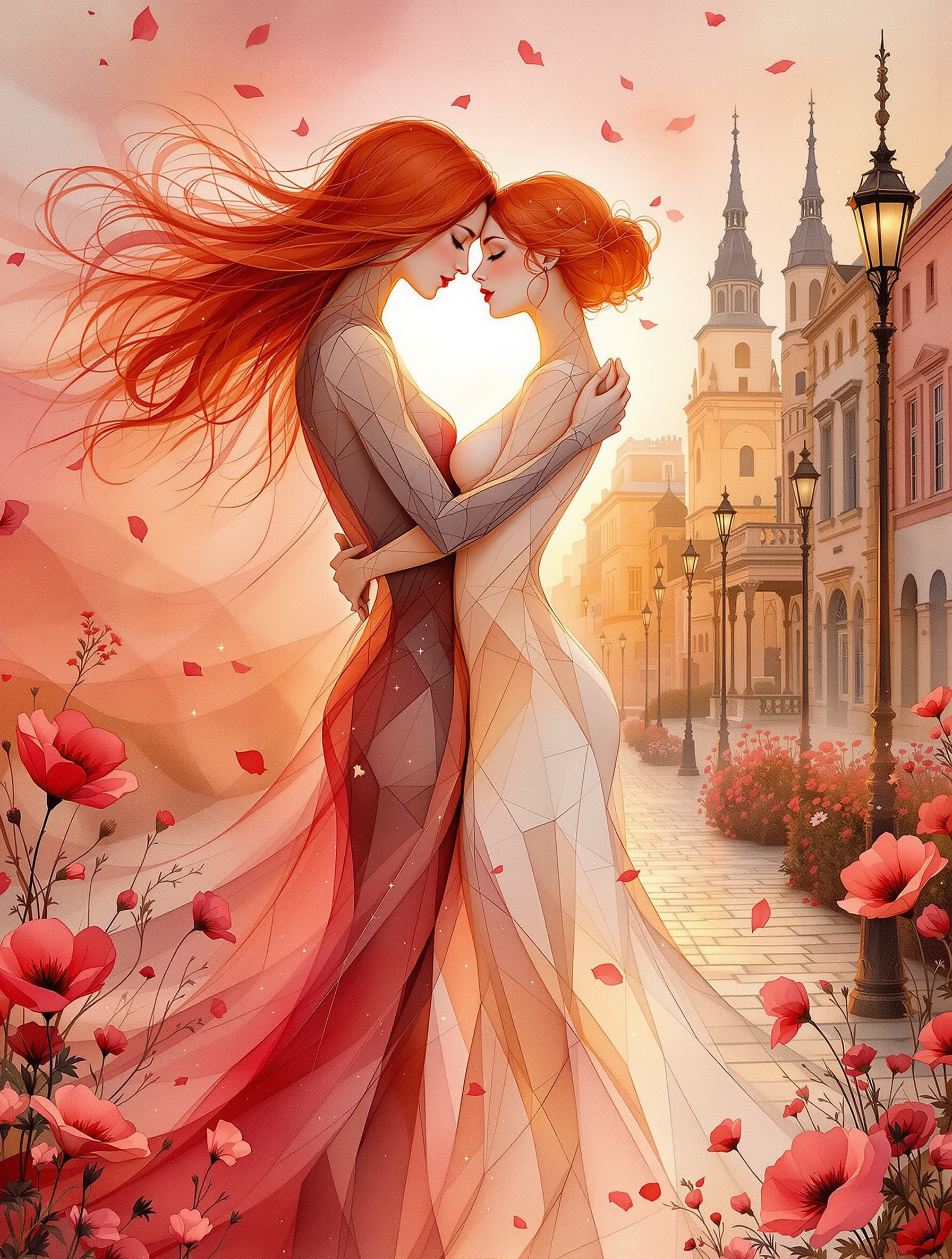 AI generated: Abstract ethereal lovers embracing, flowing translucent forms merging into one another, one figure w...
