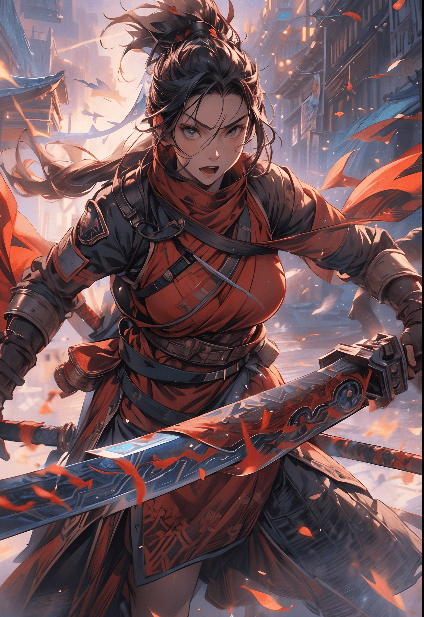 AI generated: cinematic shot, a close up of a person holding a sword, concept art, by Clint Cearley, sots art, sek...