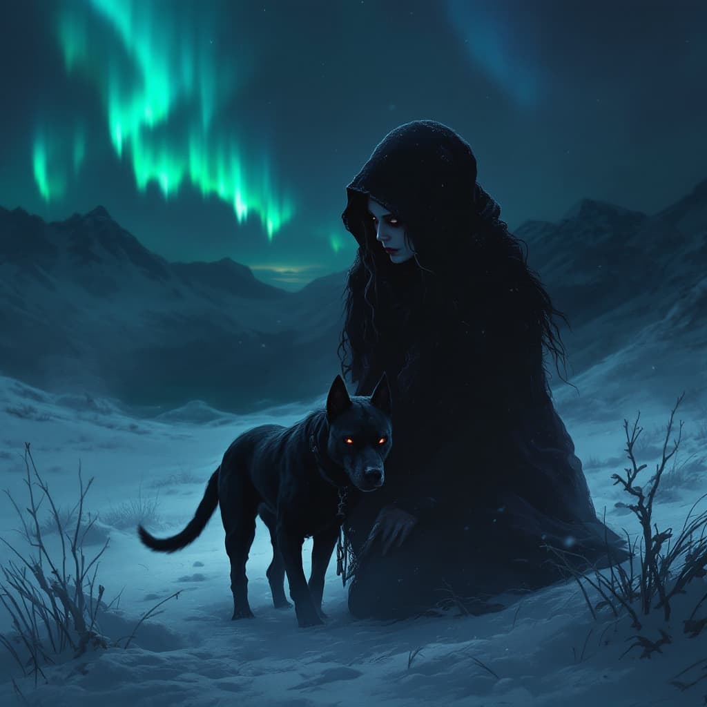 AI generated: demonic woman, winter night, with cane corso dog. northern lights