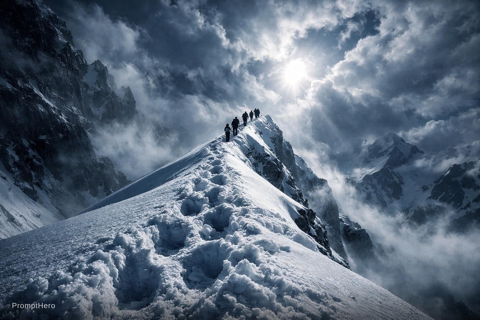 AI generated: AnoEar4 art style. Breathtaking cinematic wide-shot: a lone trail of climbers ascends a razor-thin, ...