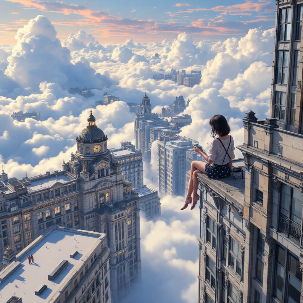 AI generated: a mature girl sitting on the skycrapper and seeing far down to other short building. hyperrealistic ...