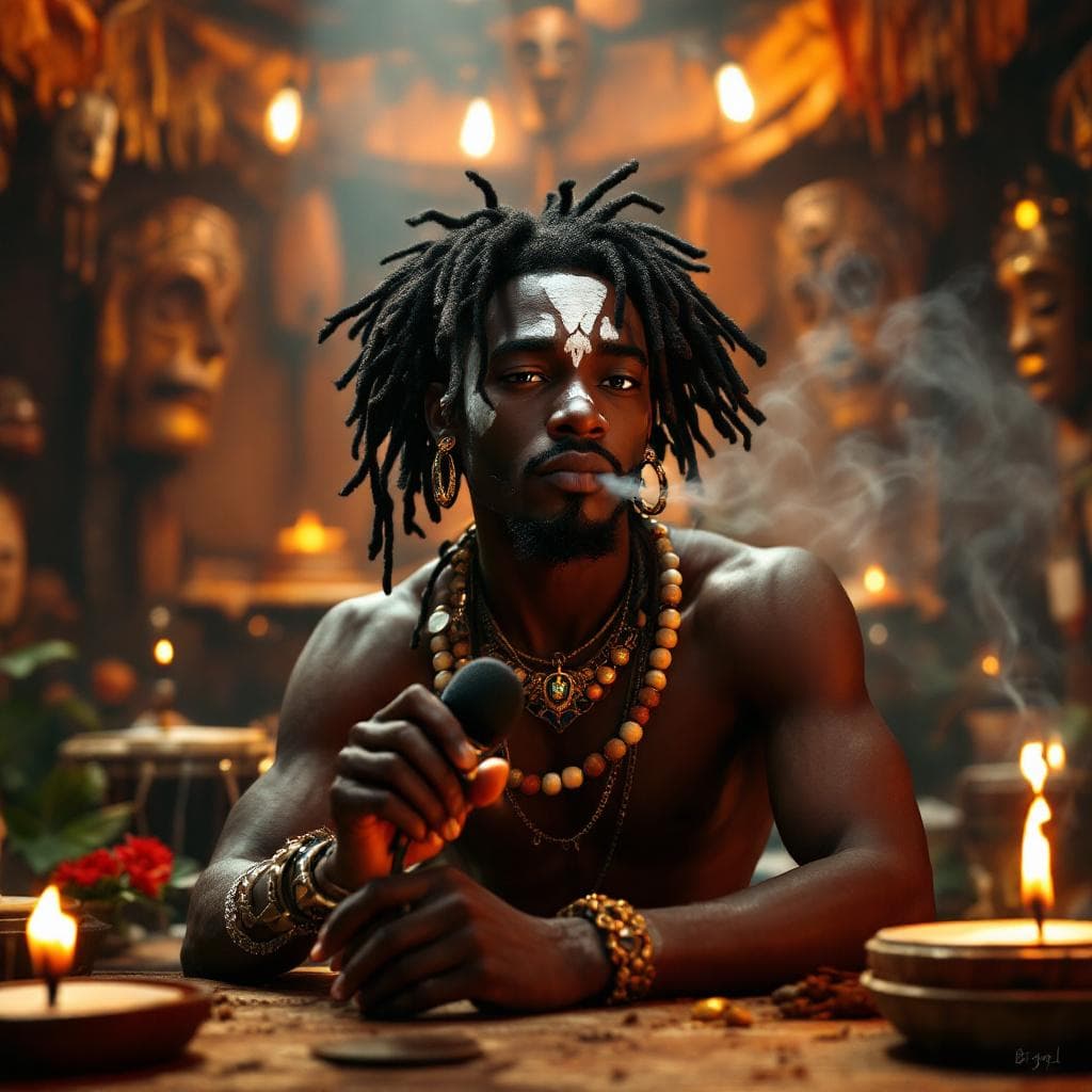 AI generated: 20 black African with dreads in an african shrine smoking  Pixar-style 3D character inspired by a le...