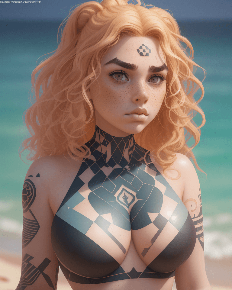 AI generated: portrait of a female, wavy hair, freckles, pouting, thick eyebrows, with geometric honeycomb tattoo ...