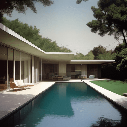 AI generated: Hyper realistic eye level exterior photo of a mid century modern style house in gilan of iran  dayli...