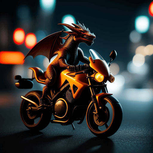 AI generated: a fun dragon driving a motorbike in the lights of a night city street, photography, edge light, well...