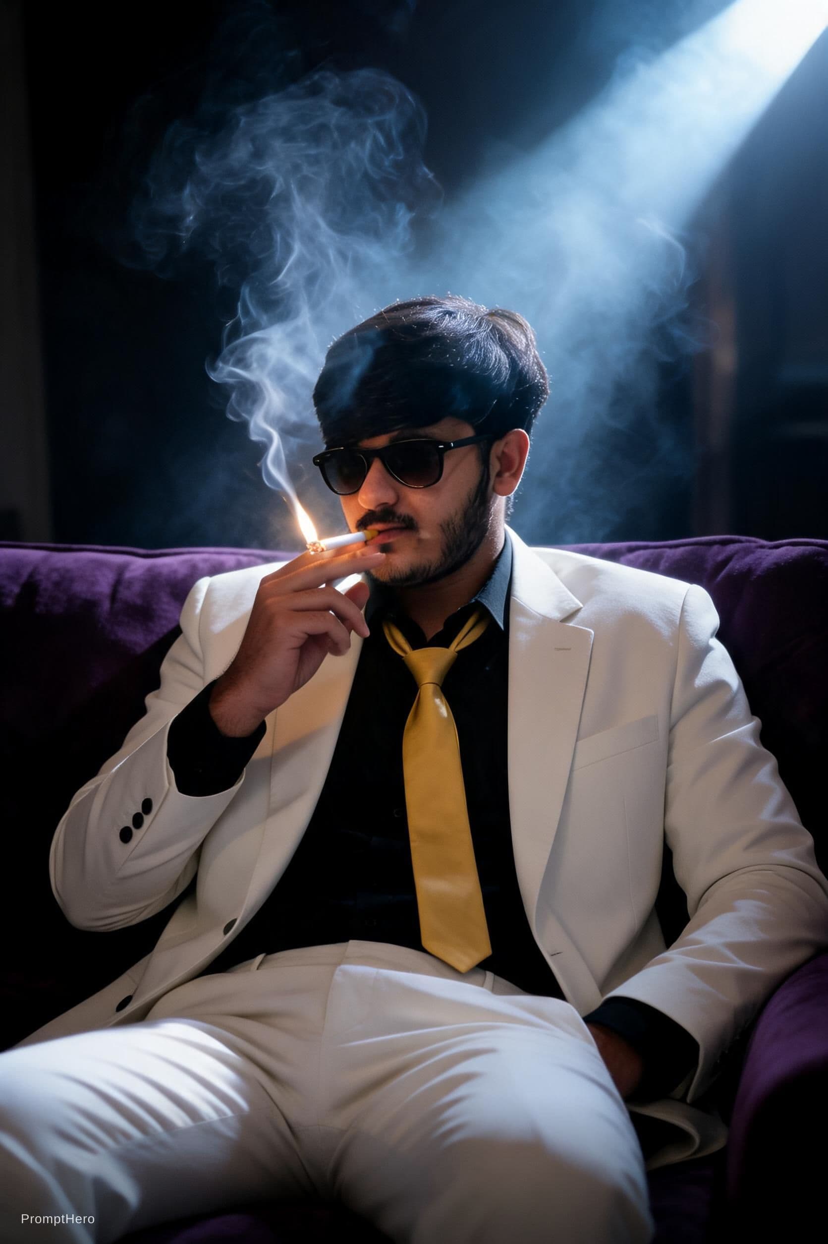 AI generated: Snapshot, dimly lit room with a hazy atmosphere, capturing a 
male model lounging on a deep purple c...