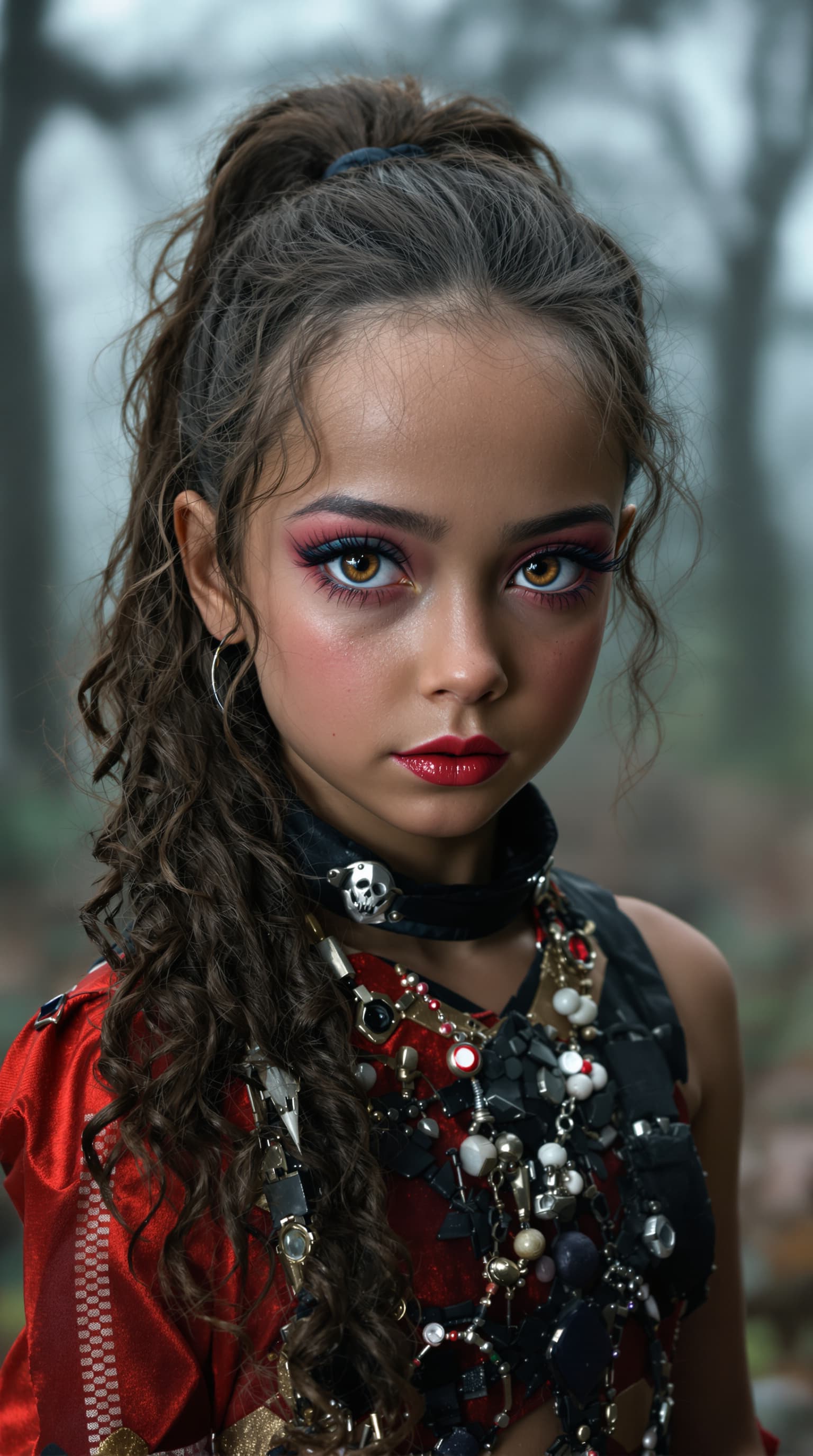 AI generated: A professional photograph of an extraordinarily beautiful seven-year-old girl with an evil aura, cap...