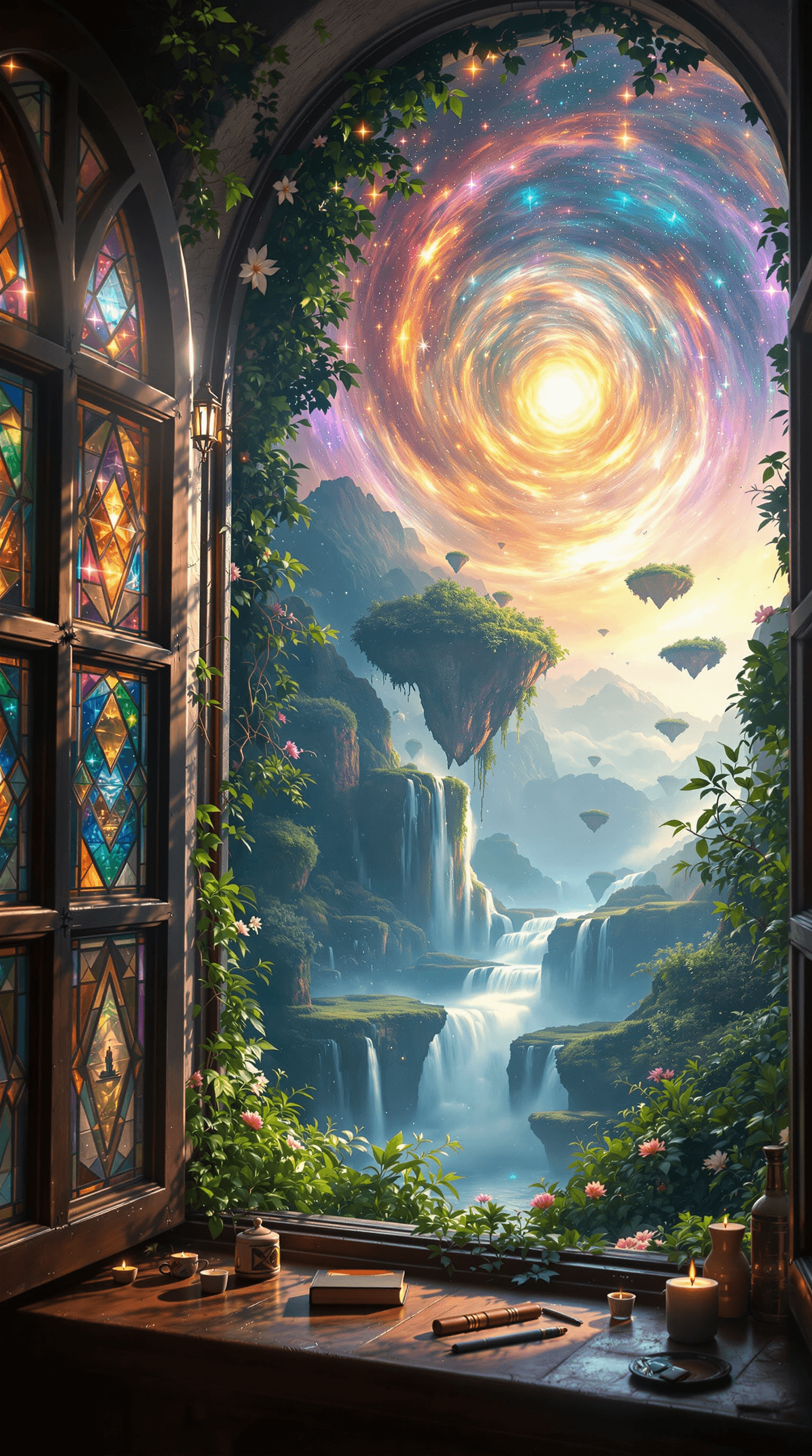 AI generated: A breathtaking, cinematic scene centered around a **window as a portal**, seamlessly framing a strik...
