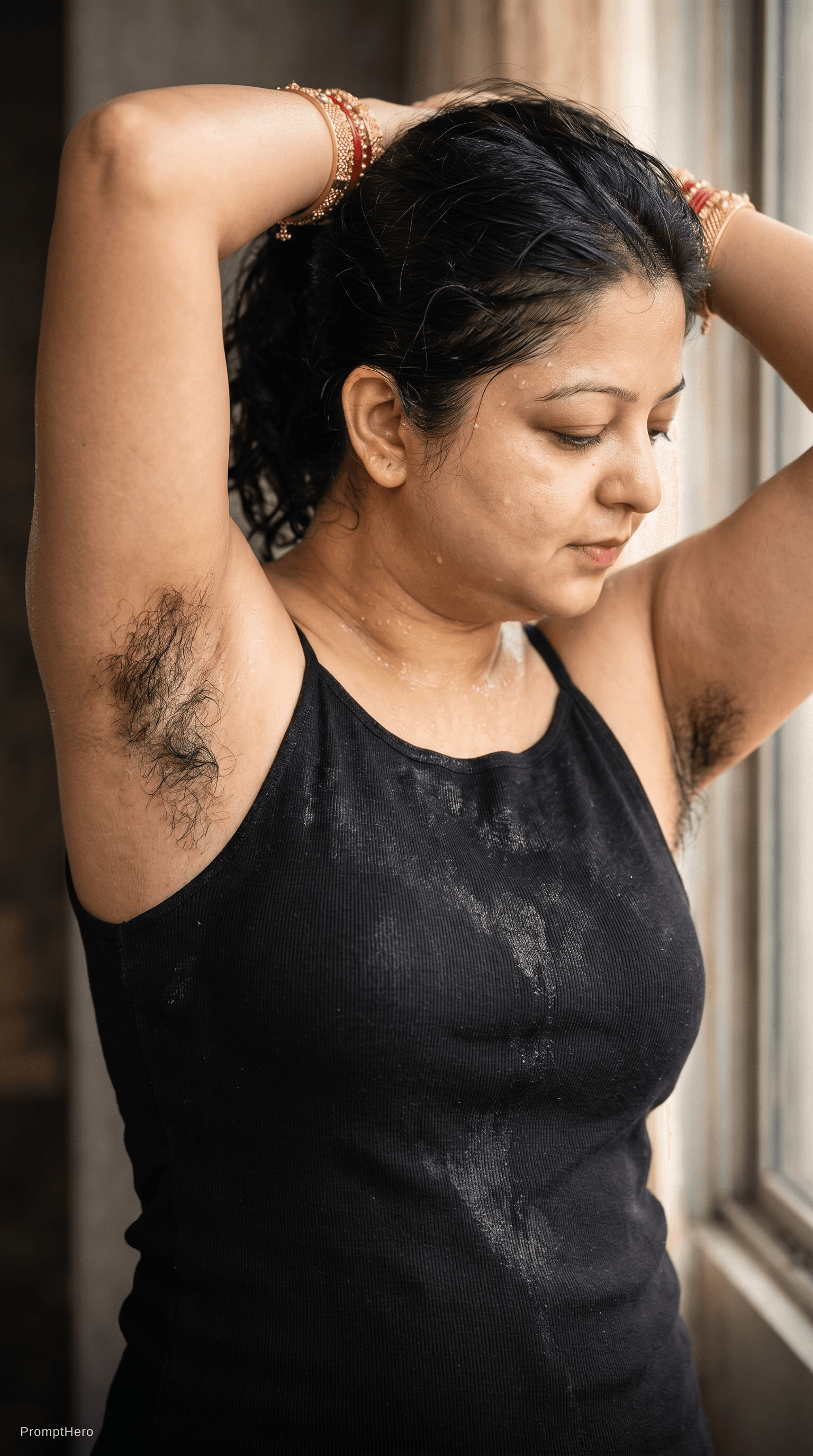 AI generated: Sweaty skin and hair and showing armpit sweaty hair patch and pose like holding two hands on up hair...