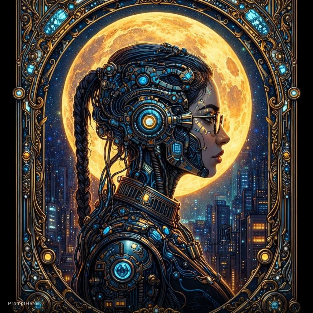 AI generated: tarot card with intricate detailed frame around the outside |side profile of cyberpunk head with lar...