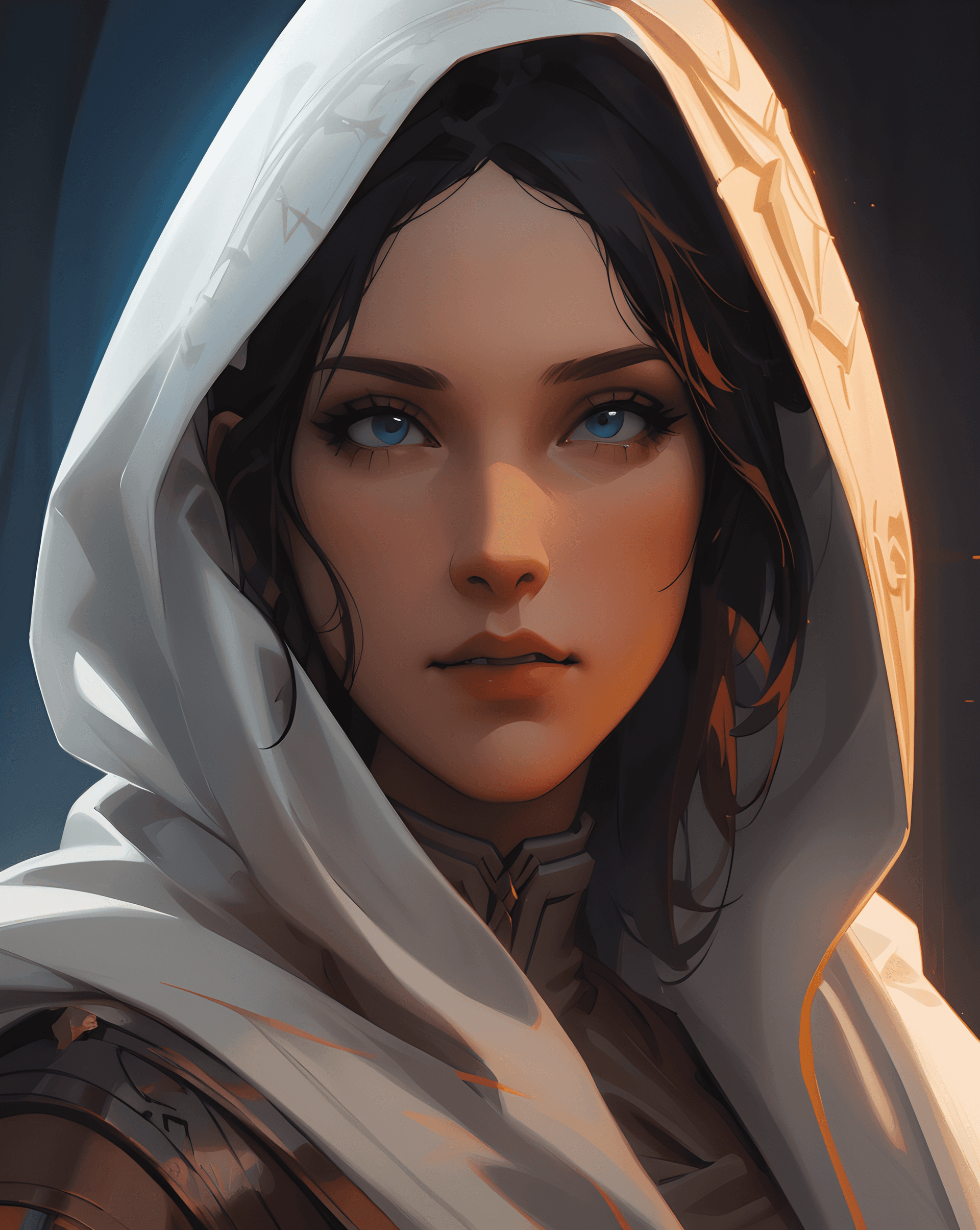 AI generated: a painting of a woman with a hood over her head, a character portrait, Artstation contest winner, fa...