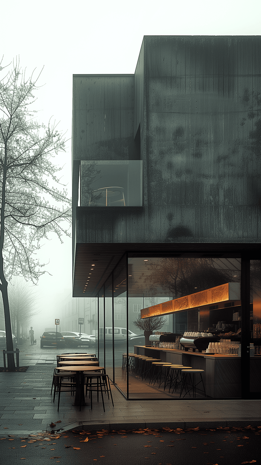 AI generated: Create a highly image, candid shot, minimalist cafe store front, at morning with foggy, fall, the ar...