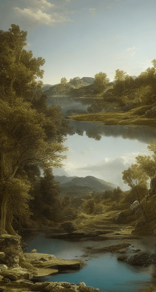 AI generated: Calm weather, sunny landscape with pool of clear water and „black gold marble“::1 path landscape Ash...
