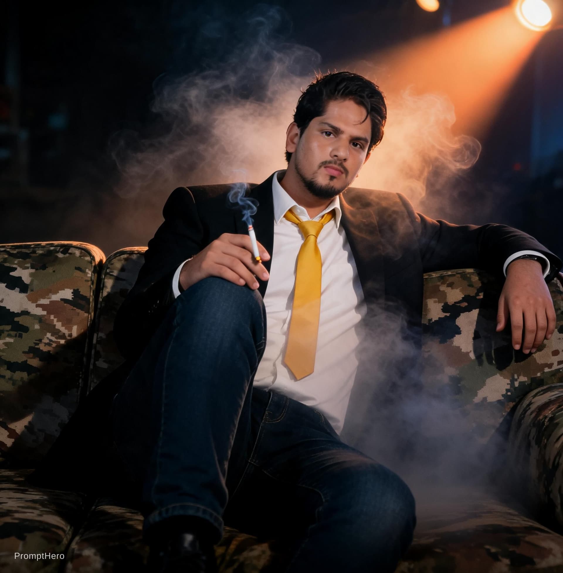 AI generated: photography, cover shoot, dimly lit room with a hazy atmosphere, capturing a professional male model...