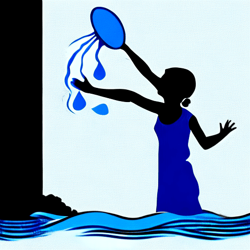 AI generated: a girl throwing blue water from a silver bowl.  style: silhouette