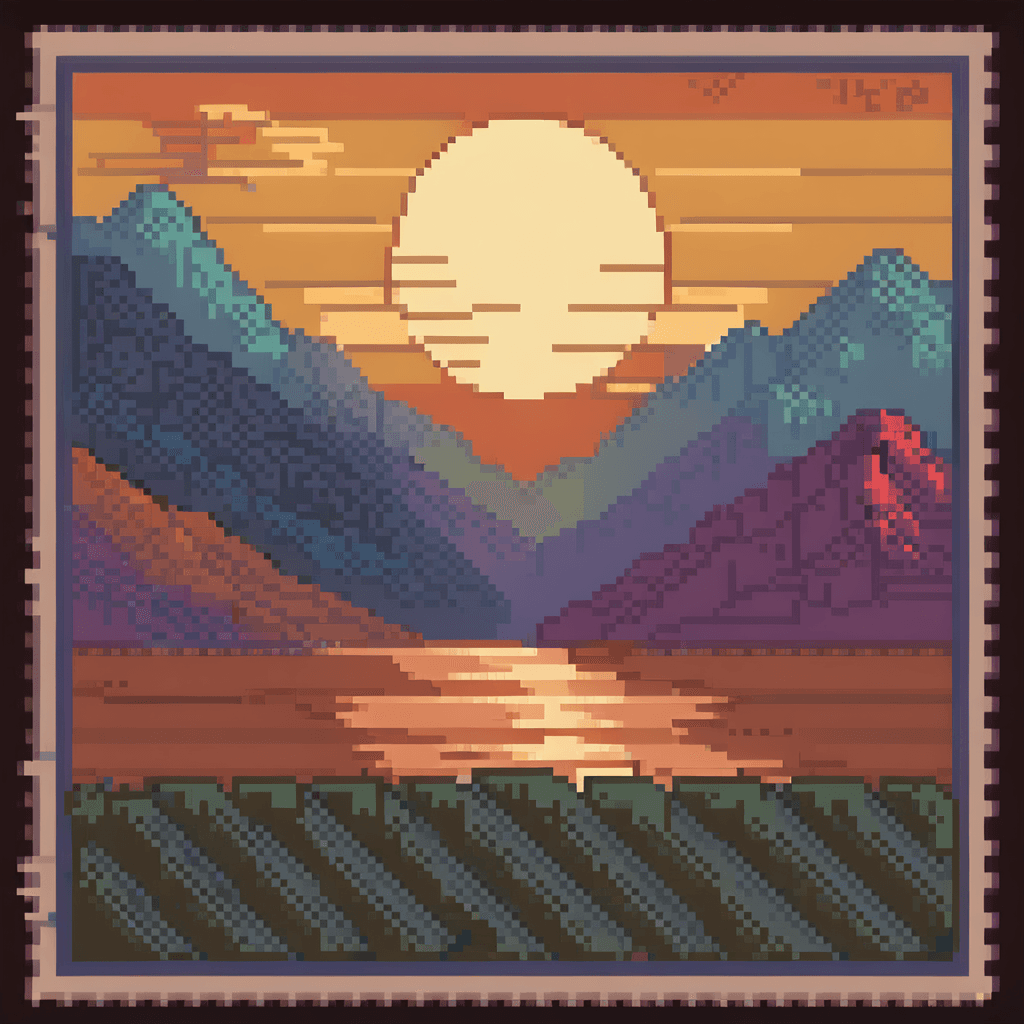 AI generated: Pixel-art Sunset between mountains. low-res, blocky, pixel art style, 8-bit graphics
