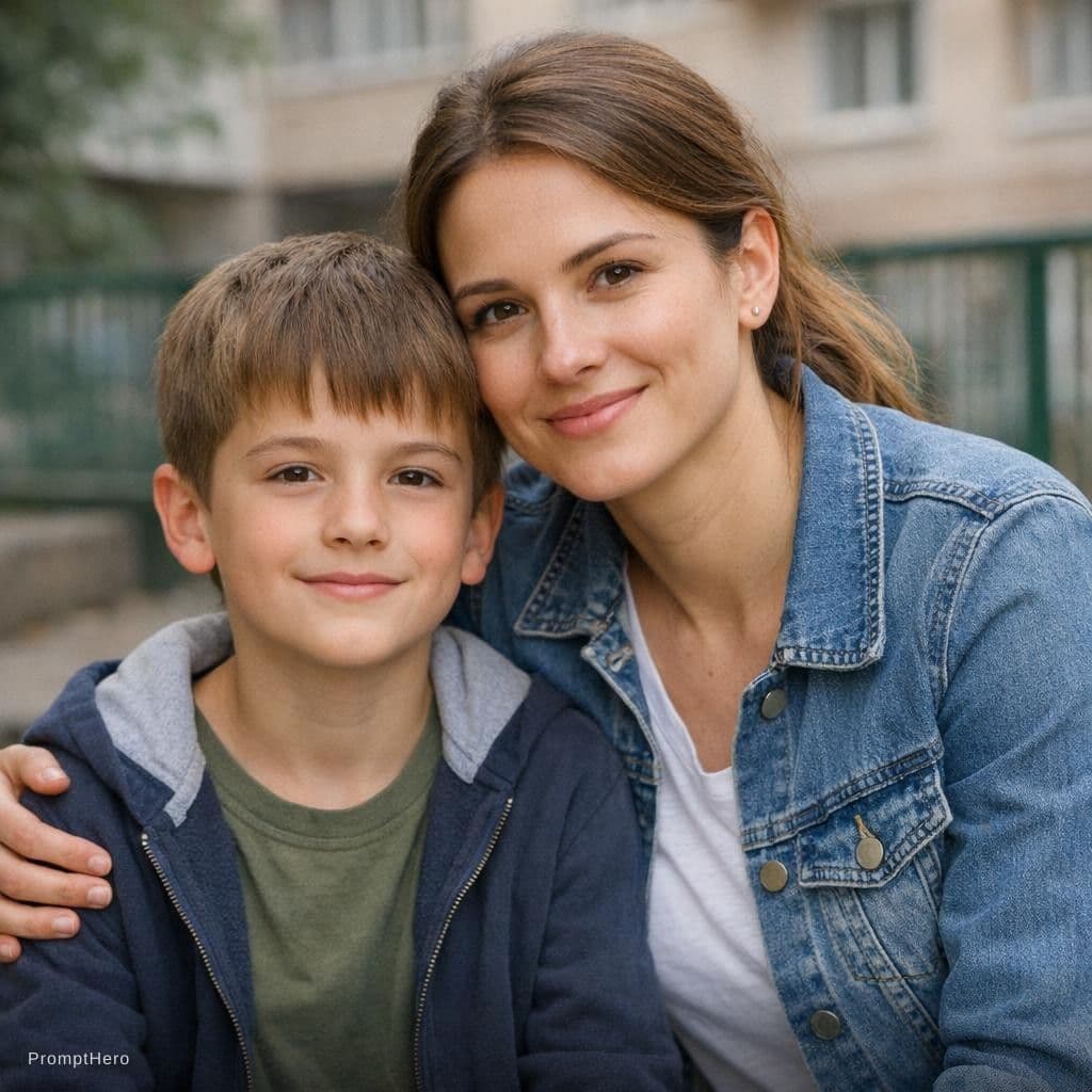 AI generated: show me realistic pic of mother looking 30 and son with old clothes in the sense not old culture low...