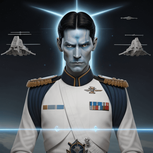 AI generated: color photo of grand admiral thrawn with fleets of star destroyers flying behind him, a commanding p...