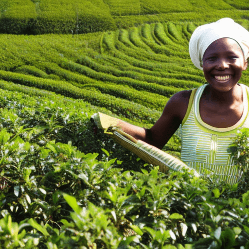AI generated: Cheerful African girl picking tea on a plantation