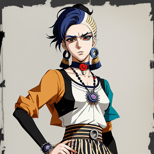 AI generated: anime style, bauhaus clothes inspired, portrait,  cool pose, latin character, gypsy aesthetic