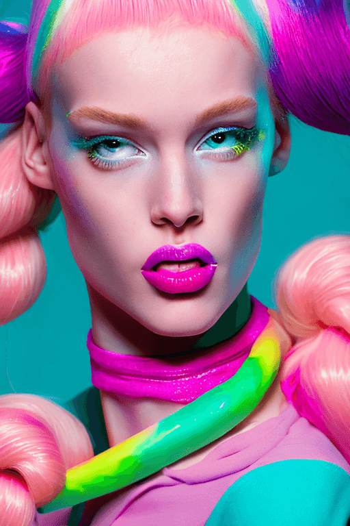 AI generated: Portrait of a Vogue runway model in a vibrant candycore style, featuring long pigtails dyed in paste...