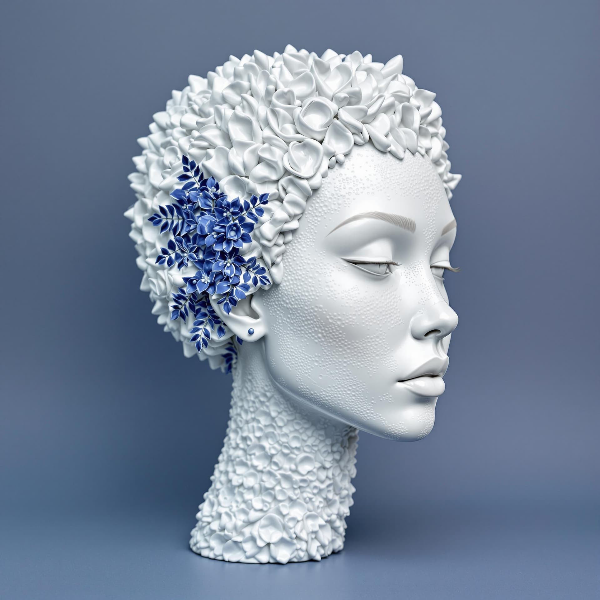 AI generated:  a side view of a black woman made out of black porcelain, in the style of balanced symmetry, white ...