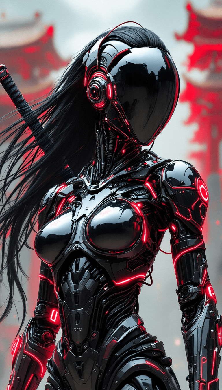 AI generated: in the style of ck-sfc, female cyberpunk robot samurai, robot face with mirrored face shield, hyperd...