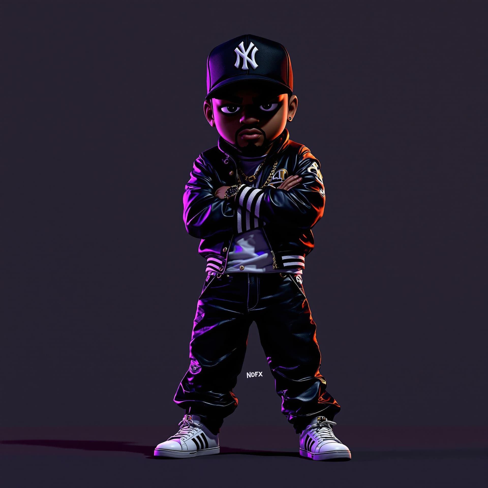 AI generated: old school b-boy rapper face in shadows wearing a kangol cap, leather sleeve varsity jacket, leather...