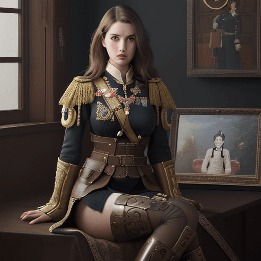 AI generated: full body, Portrait of a girl in officer's ceremonial tunic, loose brown hair, dieselpunk, aristocra...