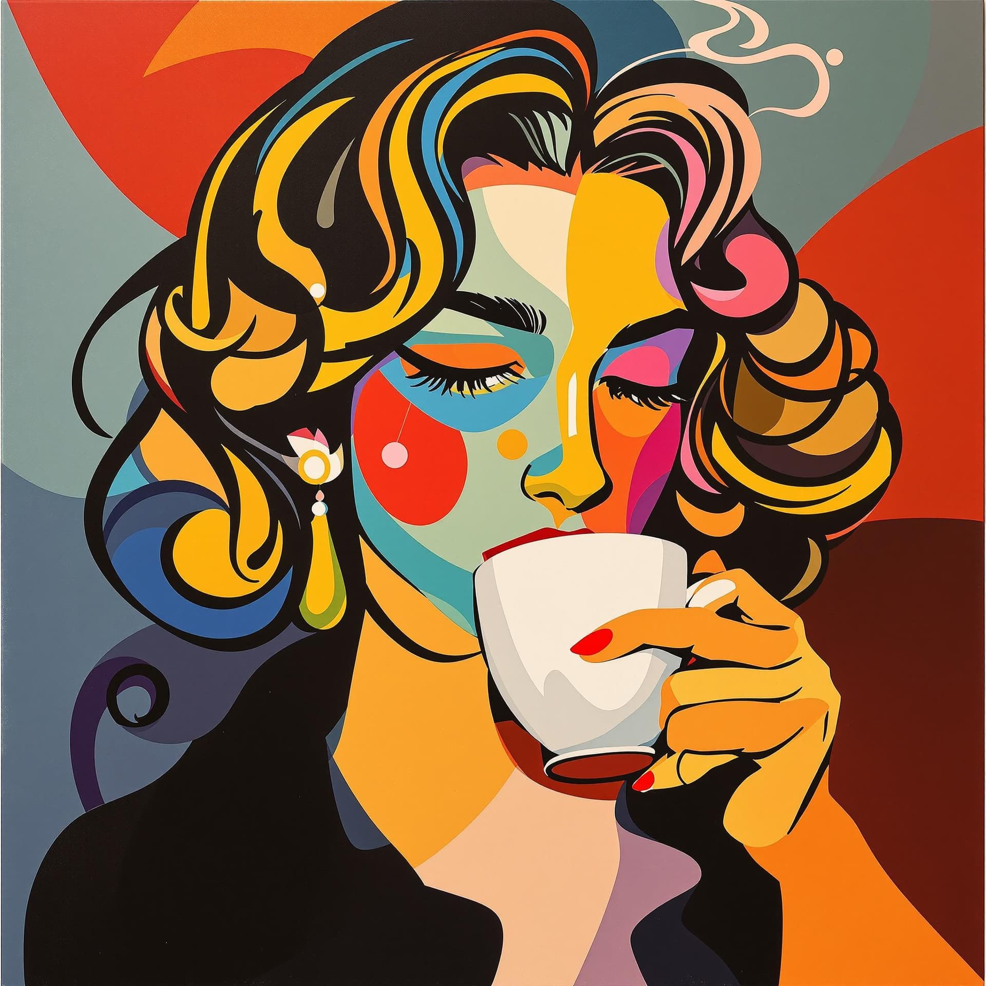 AI generated: woman drinks coffee, vasarely style, 4 colors