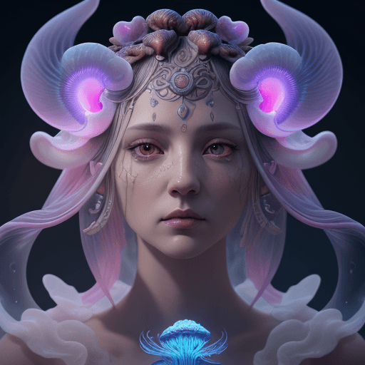 AI generated: Goddess close-up portrait ribcagel. jellyfish phoenix head, nautilus, orchid, skull, betta fish, bio...