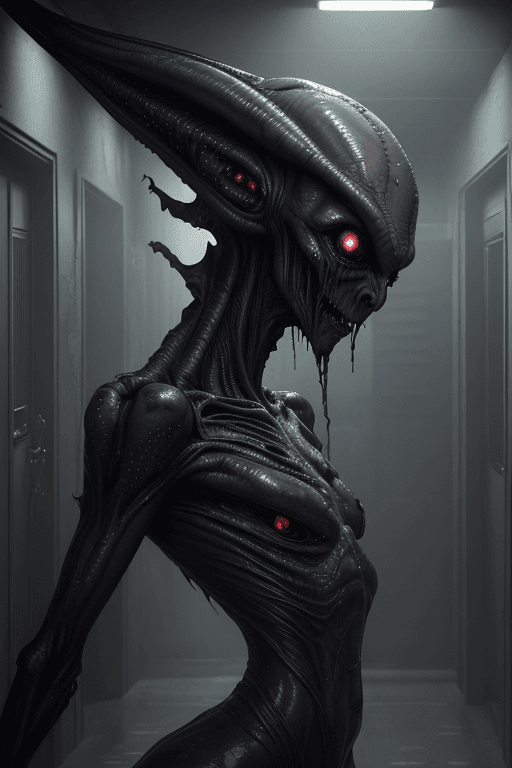 AI generated: masterpiece, a creepy scary alien creature with alien skin and clothing, with a damp and steamy high...
