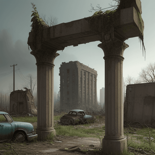 AI generated: hq stile, Panel 1, A city reclaimed by nature, its ruins and abandoned vehicles hinting at a desolat...