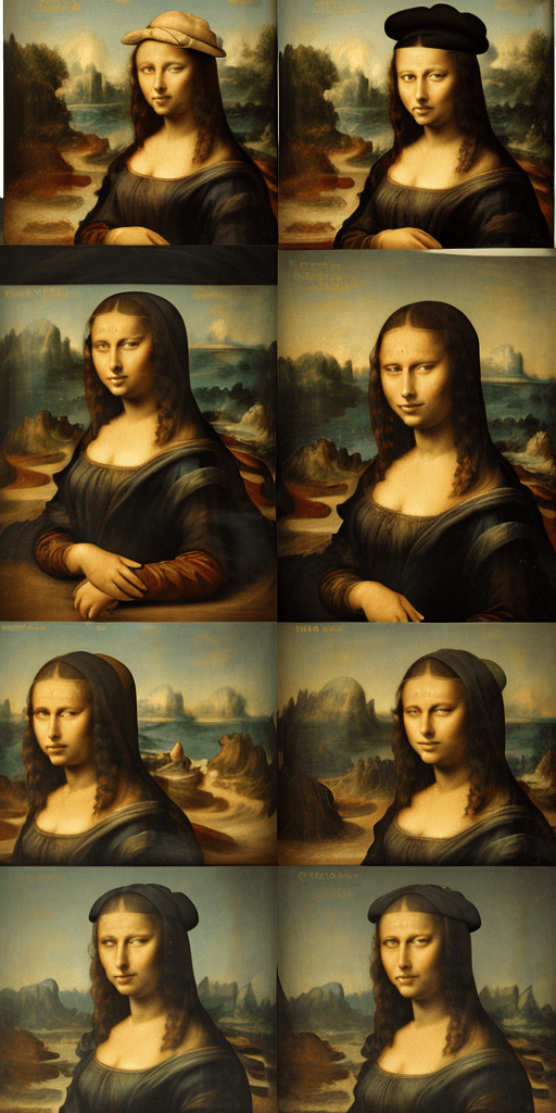 AI generated: A set of four paintings of the Mona Lisa with a different model of hat in each painting