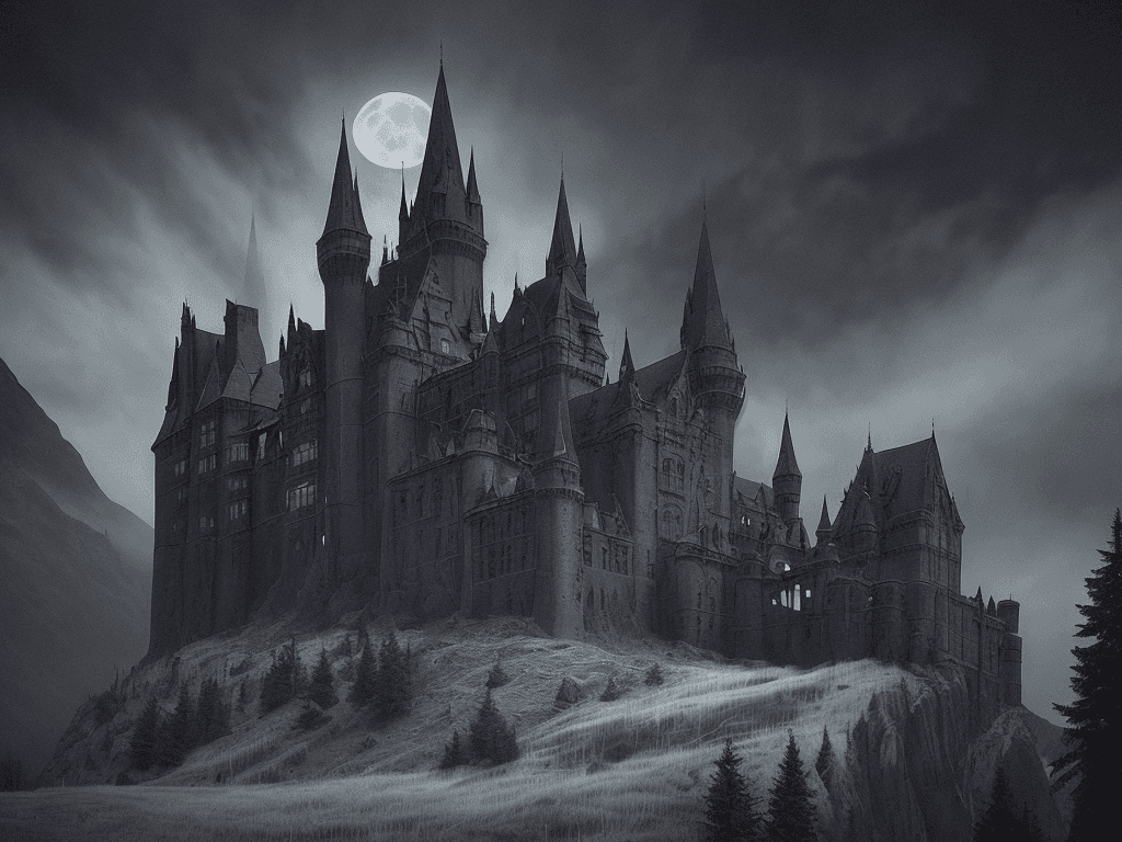 AI generated: The image depicts a hauntingly beautiful, dark, and ominous scene of a castle in the mountains, with...