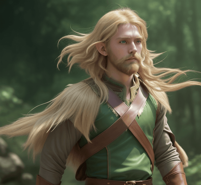 AI generated: high detailed professional upper body photo of a very young half-elf archer with shaggy blonde beard...