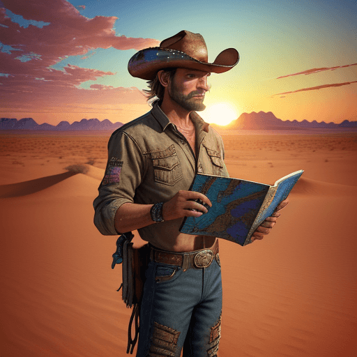 AI generated: A 3D sticker design showcasing a cowboy with a map in hand, searching for hidden treasure in the des...