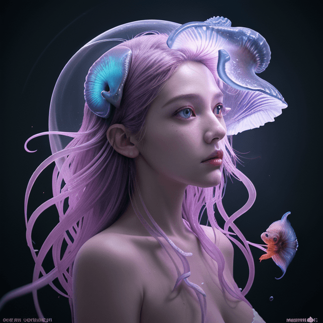 AI generated: Goddess close-up portrait ribcagel. jellyfish phoenix head, nautilus, orchid, skull, betta fish, bio...