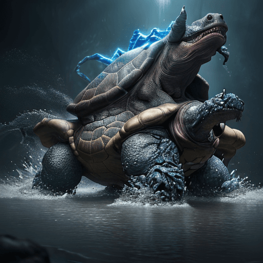 AI generated: Charging dark Pokemon Blastoise large monster turtle blasting with the full force of water, wet, den...