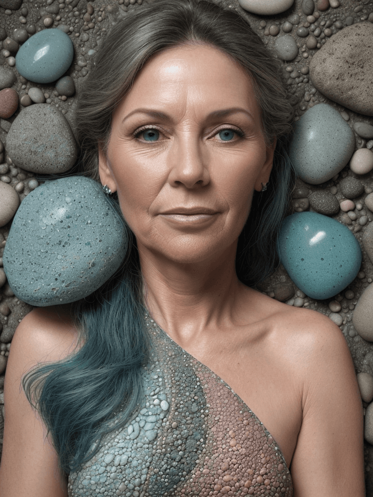 AI generated: A close-up image of a beautiful 50-year-old woman, overlaid by a collection of stones of varying siz...
