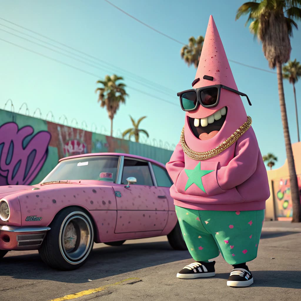 AI generated: The character Patrick from the animated series "SpongeBob SquarePants" with a cone-shaped head and a...