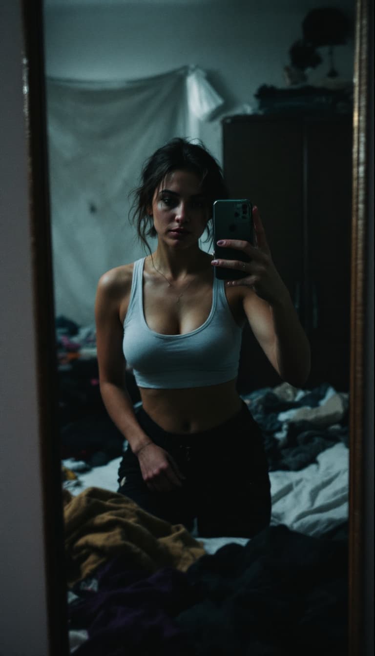AI generated: A 30 years old woman stands in front of a mirror, capturing a selfie. The image quality is grainy, w...