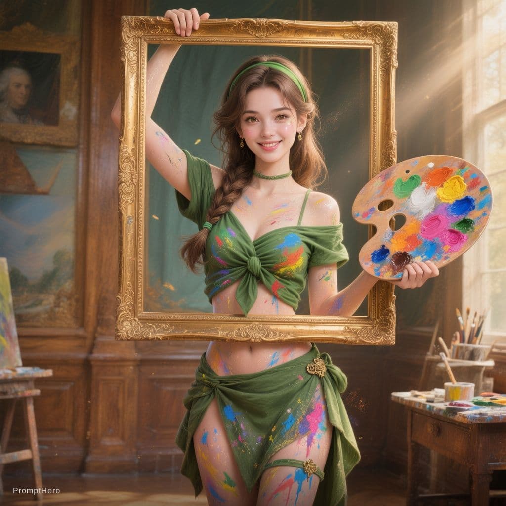 AI generated: A beautiful young woman standing indoors in an elegant vintage bedroom with warm wooden paneling and...