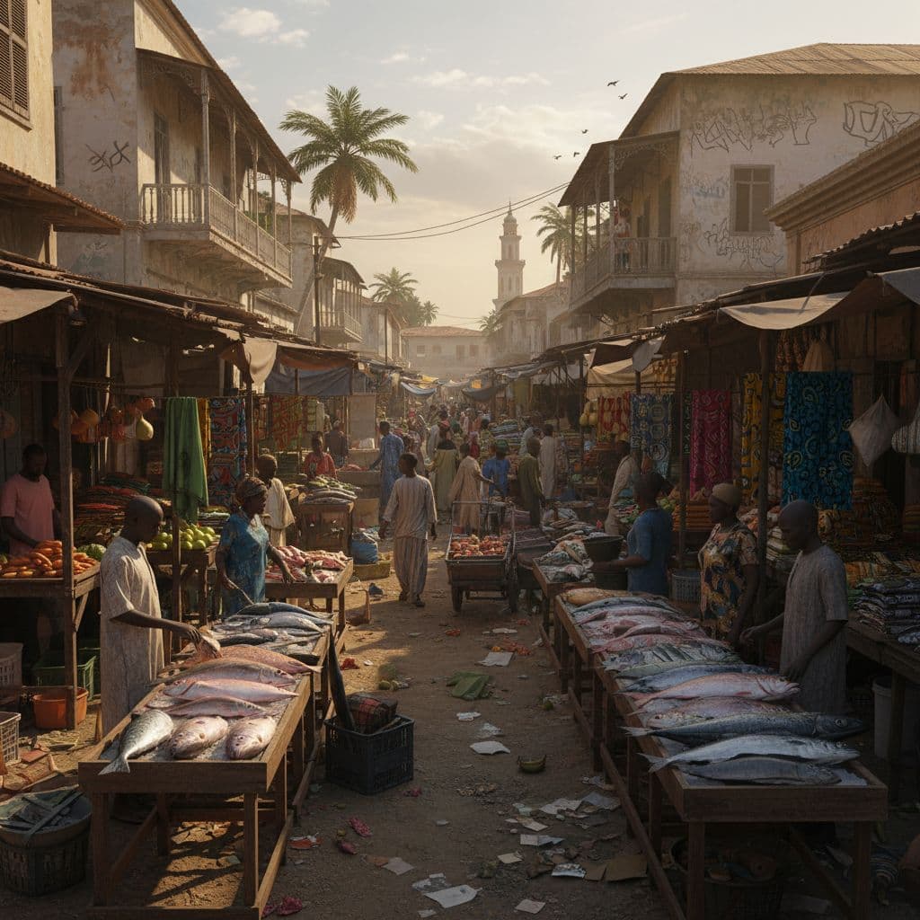 AI generated: Ultra-detailed 3D rendering of bustling Banjul street market, vendors selling fish and fabrics.