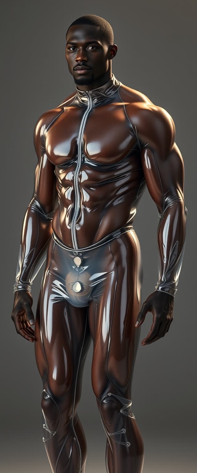 AI generated: Hyper-realistic muscular ebony man in a skin-tight transparent and translucent plastic suit, wearing...