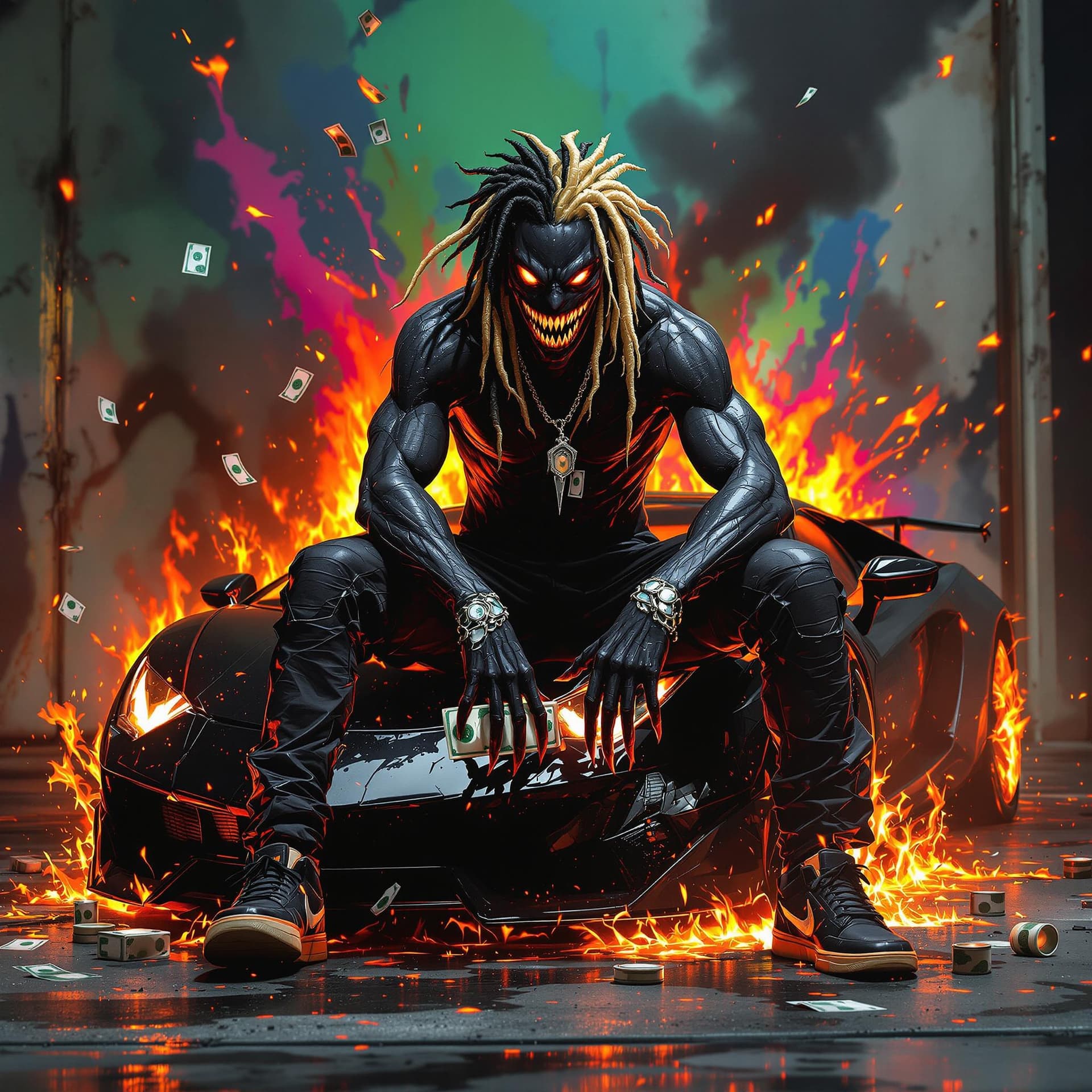 AI generated: front view of an evil graffiti anime style character with really dark coal black skin and glowing ey...