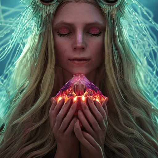 AI generated: goddess close-up portrait ribcagel. jellyfish phoenix head, nautilus, orchid, skull, betta fish, bio...